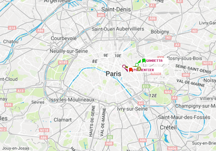 plan itinéraire ratp de Gambetta à Parmentier