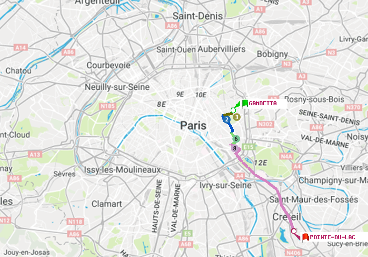 plan itinéraire ratp de Gambetta à Pointe du Lac