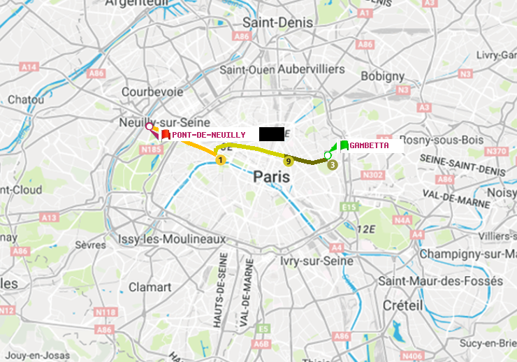 plan itinéraire ratp de Gambetta à Pont de Neuilly