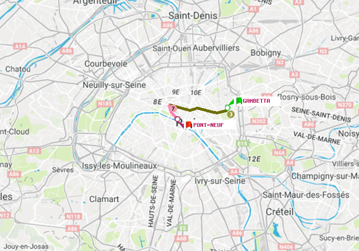 plan itinéraire ratp de Gambetta à Pont Neuf
