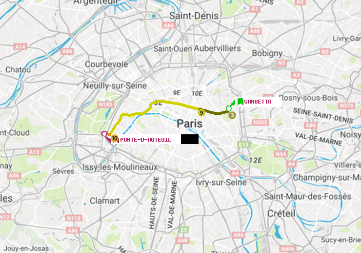 plan itinéraire ratp de Gambetta à Porte d
