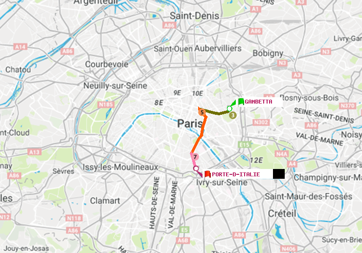 plan itinéraire ratp de Gambetta à Porte d