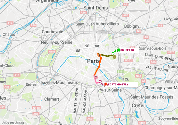 plan itinéraire ratp de Gambetta à Porte d