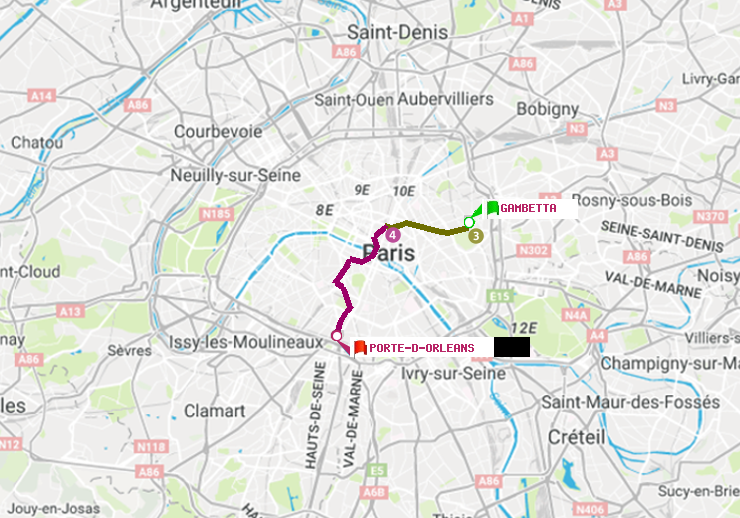 plan itinéraire ratp de Gambetta à Porte d