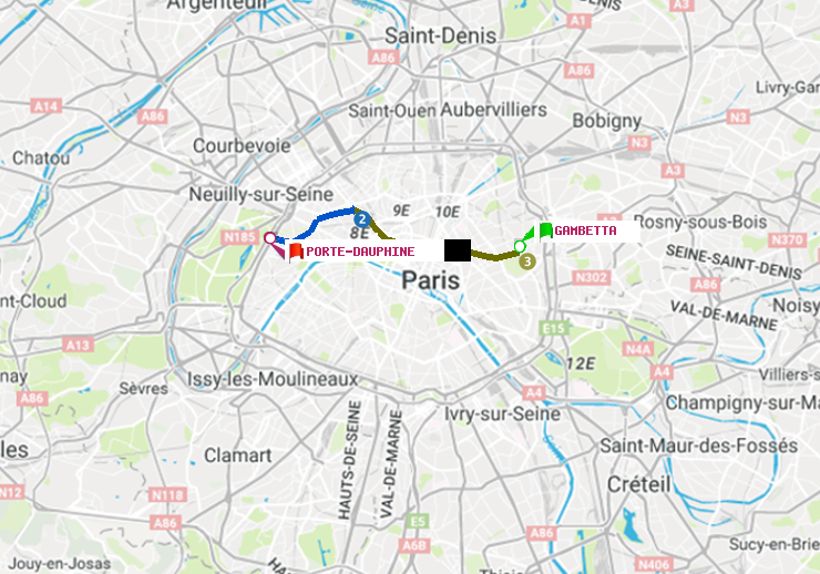 plan itinéraire ratp de Gambetta à Porte Dauphine (Maréchal de Lattre de Tassigny)