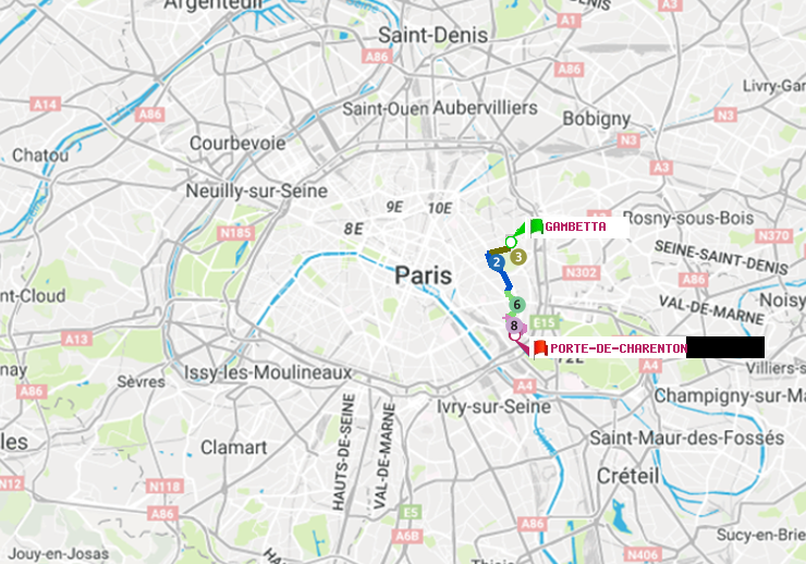 plan itinéraire ratp de Gambetta à Porte de Charenton