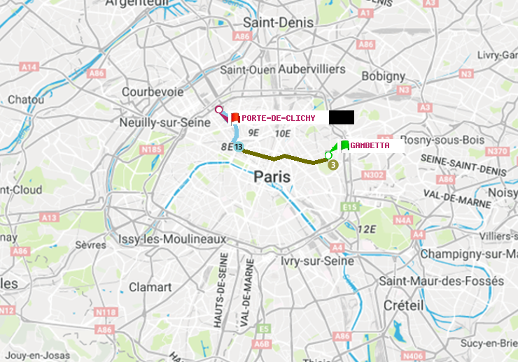 plan itinéraire ratp de Gambetta à Porte de Clichy
