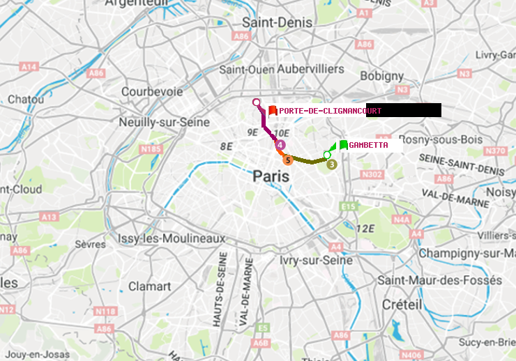 plan itinéraire ratp de Gambetta à Porte de Clignancourt