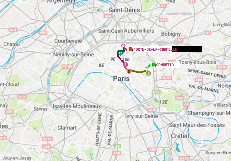 plan itinéraire ratp de Gambetta à Porte de la Chapelle