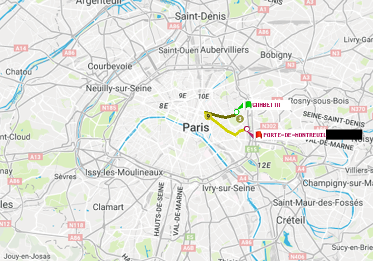 plan itinéraire ratp de Gambetta à Porte de Montreuil