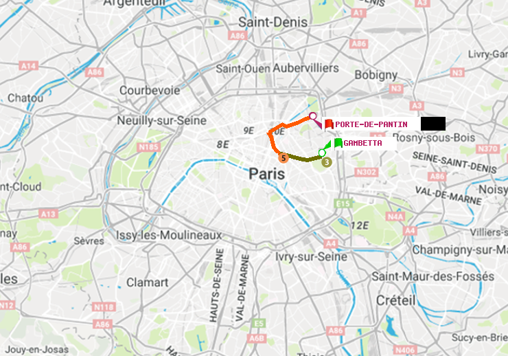 plan itinéraire ratp de Gambetta à Porte de Pantin