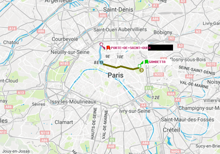 plan itinéraire ratp de Gambetta à Porte de Saint-Ouen