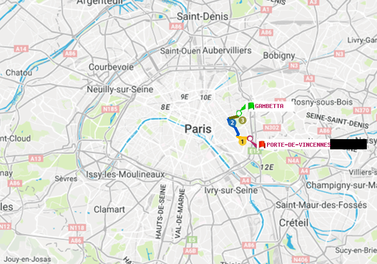 plan itinéraire ratp de Gambetta à Porte de Vincennes