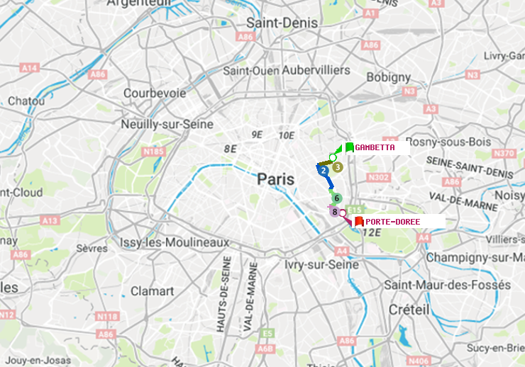 plan itinéraire ratp de Gambetta à Porte Dorée