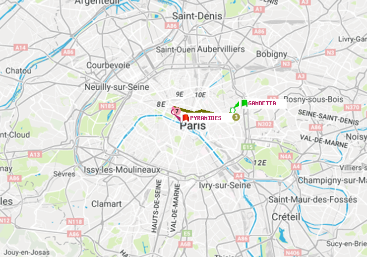 plan itinéraire ratp de Gambetta à Pyramides