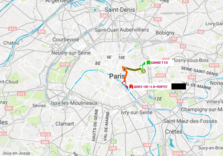 plan itinéraire ratp de Gambetta à Quai de la Rapée