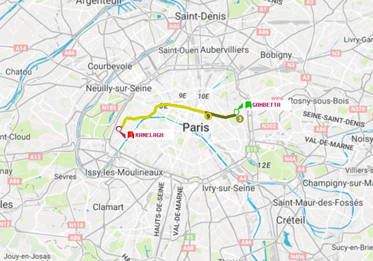 plan itinéraire ratp de Gambetta à Ranelagh