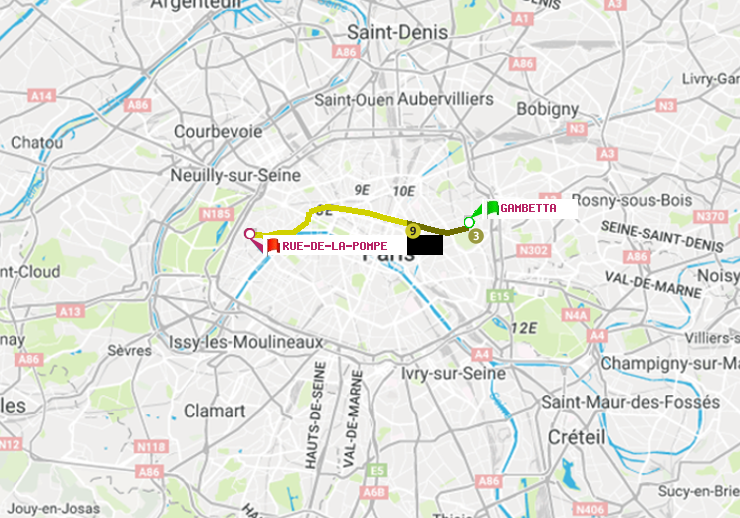 plan itinéraire ratp de Gambetta à Rue de la Pompe (Avenue Georges Mandel)