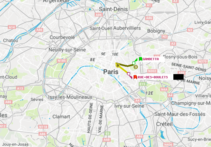 plan itinéraire ratp de Gambetta à Rue des Boulets
