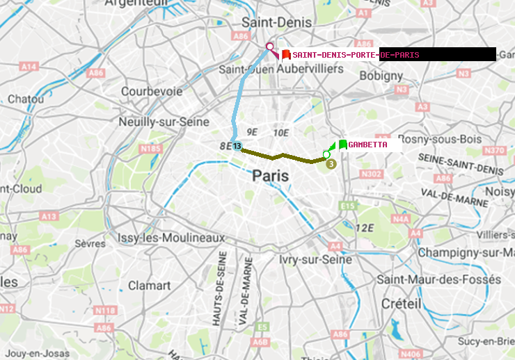 plan itinéraire ratp de Gambetta à Saint-Denis-Porte de Paris