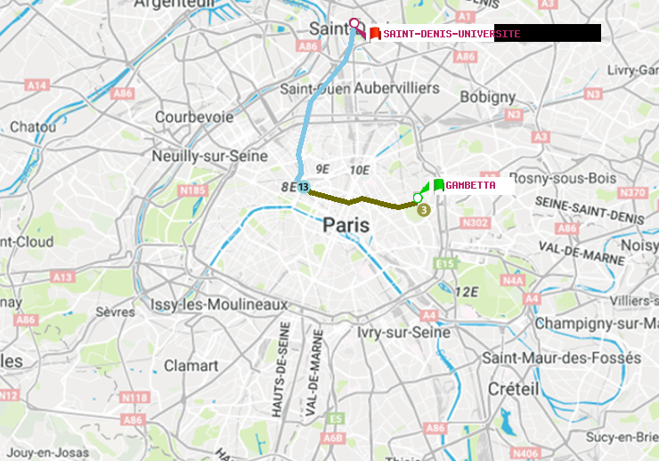 plan itinéraire ratp de Gambetta à Saint-Denis-Universite