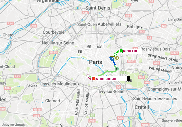 plan itinéraire ratp de Gambetta à Saint-Jacques