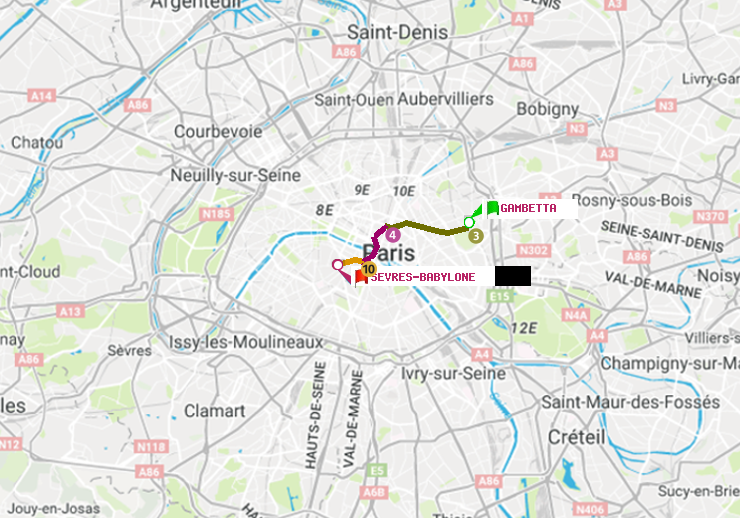 plan itinéraire ratp de Gambetta à Sèvres-Babylone