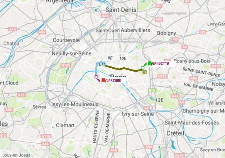 plan itinéraire ratp de Gambetta à Varenne