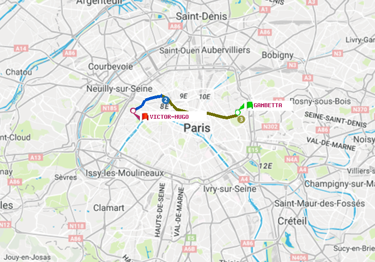 plan itinéraire ratp de Gambetta à Victor Hugo