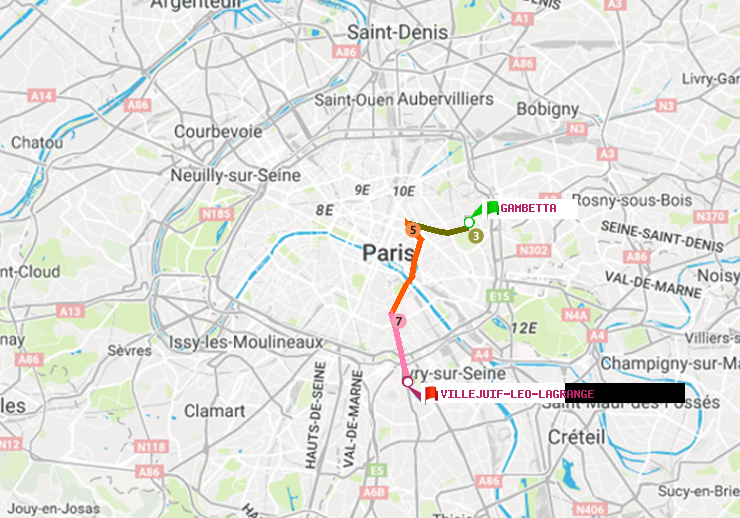 plan itinéraire ratp de Gambetta à Villejuif-Léo Lagrange