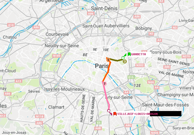 plan itinéraire ratp de Gambetta à Villejuif-Louis Aragon