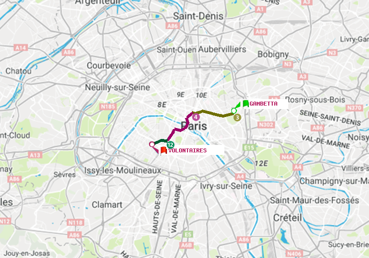 plan itinéraire ratp de Gambetta à Volontaires