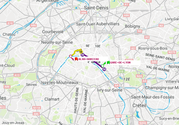 plan itinéraire ratp de Gare de Lyon à Alma-Marceau