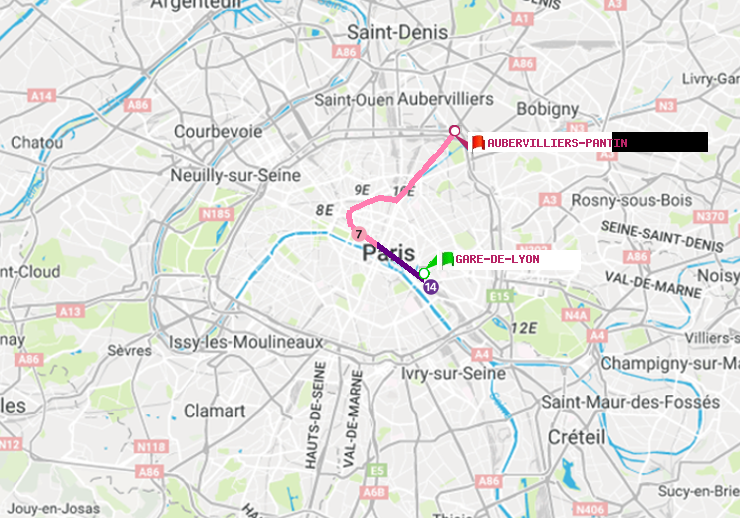 plan itinéraire ratp de Gare de Lyon à Aubervilliers Pantin (4 Chemins)