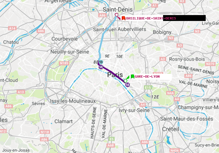 plan itinéraire ratp de Gare de Lyon à Basilique de Saint-Denis