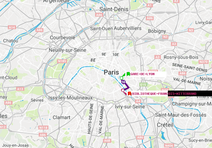 plan itinéraire ratp de Gare de Lyon à Bibliotheque-Francois Mitterrand