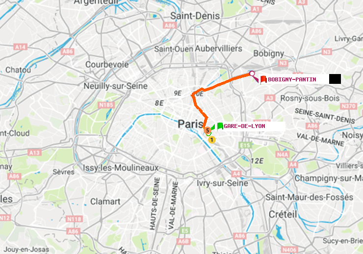 plan itinéraire ratp de Gare de Lyon à Bobigny-Pantin (Raymond Queneau)