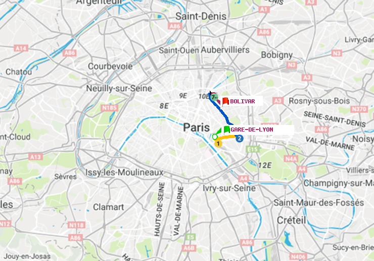 plan itinéraire ratp de Gare de Lyon à Bolivar