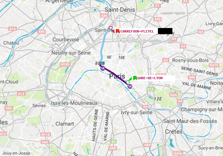 plan itinéraire ratp de Gare de Lyon à Carrefour-Pleyel