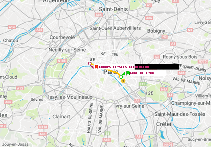 plan itinéraire ratp de Gare de Lyon à Champs-Elysées-Clémenceau