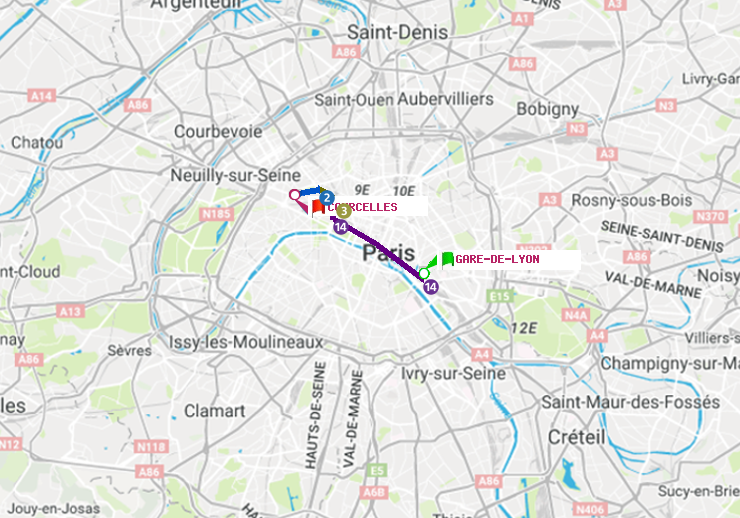 plan itinéraire ratp de Gare de Lyon à Courcelles