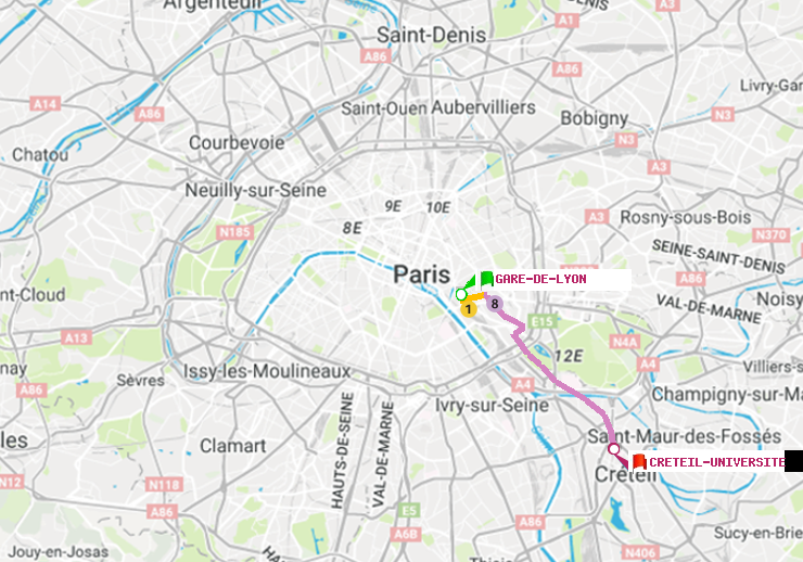 plan itinéraire ratp de Gare de Lyon à Créteil-Université