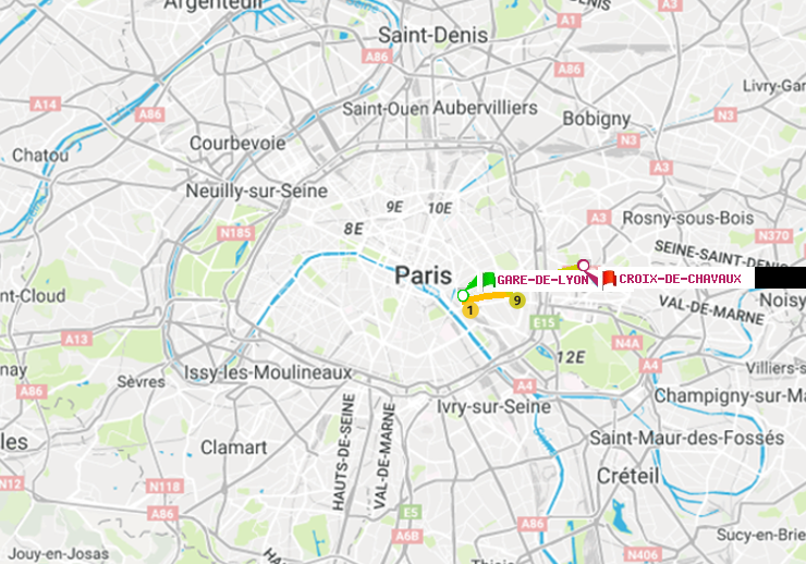 plan itinéraire ratp de Gare de Lyon à Croix-de-Chavaux (Jacques Duclos)