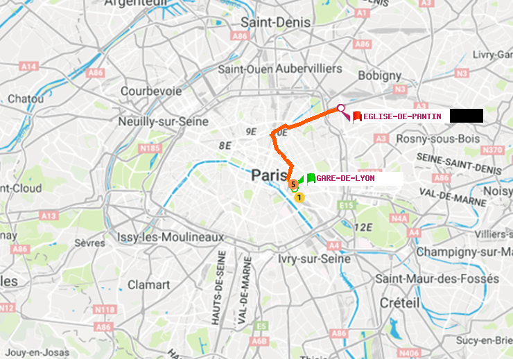 plan itinéraire ratp de Gare de Lyon à Eglise de Pantin