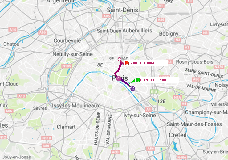 plan itinéraire ratp de Gare de Lyon à Gare du Nord