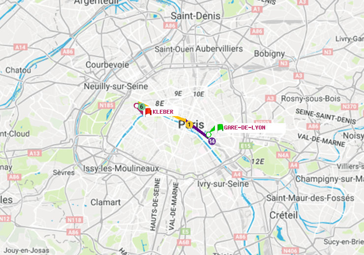 plan itinéraire ratp de Gare de Lyon à Kléber