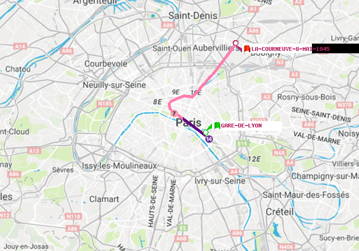plan itinéraire ratp de Gare de Lyon à La Courneuve-8-Mai-1945