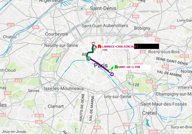 plan itinéraire ratp de Gare de Lyon à Lamarck-Caulaincourt