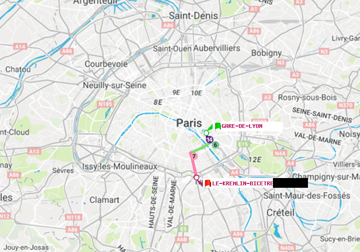 plan itinéraire ratp de Gare de Lyon à Le Kremlin-Bicêtre