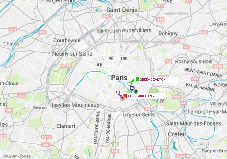 plan itinéraire ratp de Gare de Lyon à Les Gobelins